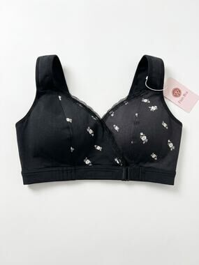 FIONABRA Womens Medium Black Floral Front Closure Wireless Support Bralette NWT